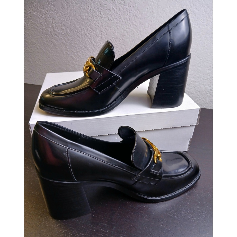 Calvin Klein Roberte2 Black Block Heel Loafers Gold CK Chain Pumps 9M NEW